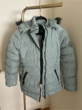 Brave Soul Mint Green Puffer Jacket Faux Fur Hood Belted Coat NWT Size US8/UK12